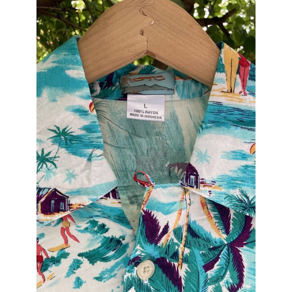 Size L Blue Rayon Hawaiian Aloha Shirt Vintage 90s - Picture 2 of 5